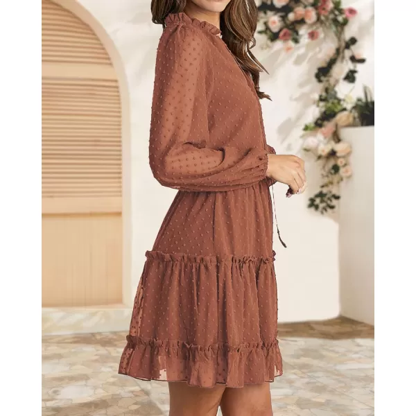 BTFBM Women Casual Summer Fall Dresses Tie V Neck Long Sleeve High Waist Ruffle Tiered A Line Swing Tunic Mini DressDot Orange Yellow