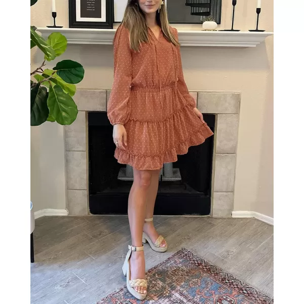 BTFBM Women Casual Summer Fall Dresses Tie V Neck Long Sleeve High Waist Ruffle Tiered A Line Swing Tunic Mini DressDot Orange Yellow