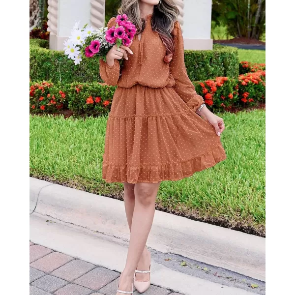 BTFBM Women Casual Summer Fall Dresses Tie V Neck Long Sleeve High Waist Ruffle Tiered A Line Swing Tunic Mini DressDot Orange Yellow