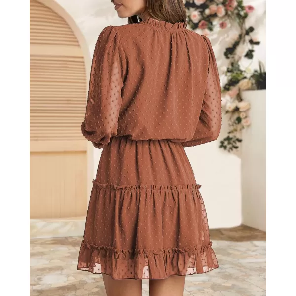 BTFBM Women Casual Summer Fall Dresses Tie V Neck Long Sleeve High Waist Ruffle Tiered A Line Swing Tunic Mini DressDot Orange Yellow