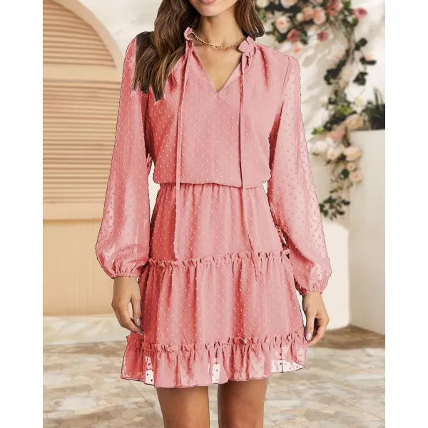 BTFBM Women Casual Summer Fall Dresses Tie V Neck Long Sleeve High Waist Ruffle Tiered A Line Swing Tunic Mini DressDot Pink