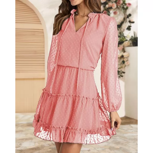 BTFBM Women Casual Summer Fall Dresses Tie V Neck Long Sleeve High Waist Ruffle Tiered A Line Swing Tunic Mini DressDot Pink