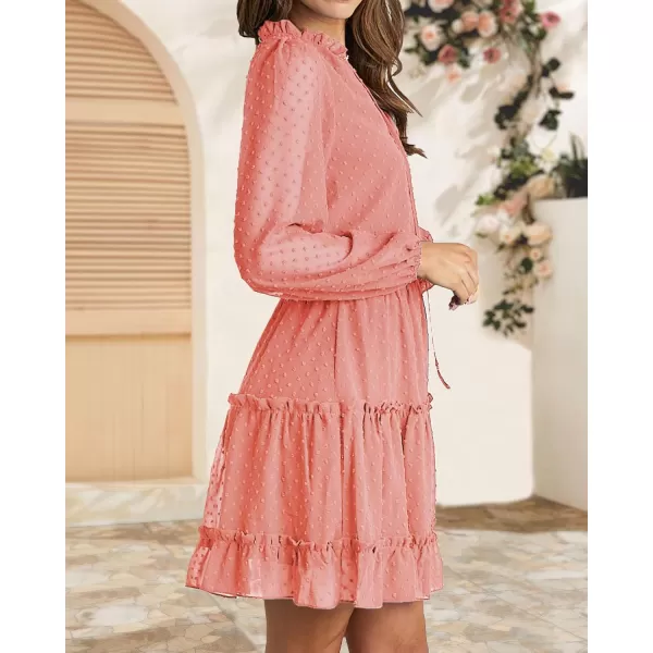 BTFBM Women Casual Summer Fall Dresses Tie V Neck Long Sleeve High Waist Ruffle Tiered A Line Swing Tunic Mini DressDot Pink