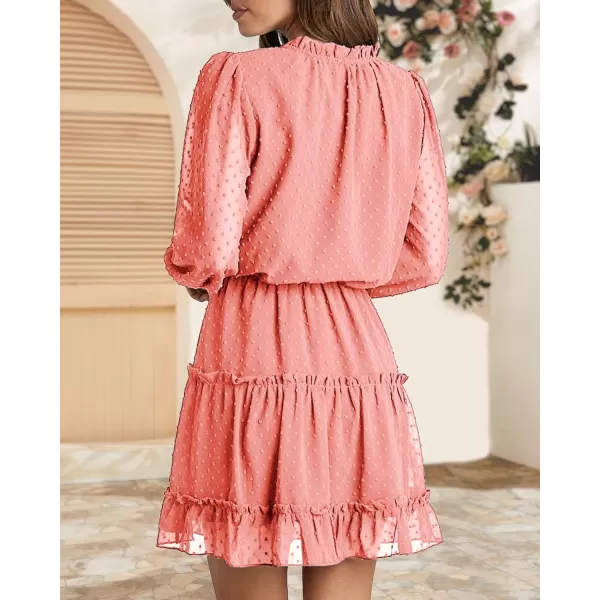 BTFBM Women Casual Summer Fall Dresses Tie V Neck Long Sleeve High Waist Ruffle Tiered A Line Swing Tunic Mini DressDot Pink