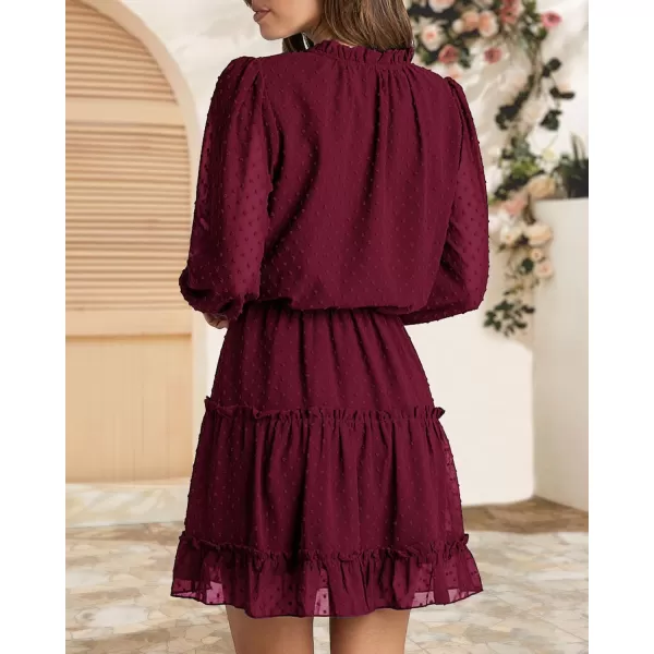 BTFBM Women Casual Summer Fall Dresses Tie V Neck Long Sleeve High Waist Ruffle Tiered A Line Swing Tunic Mini DressDot Wine Red