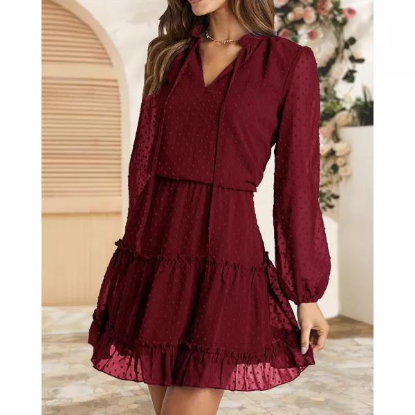 BTFBM Women Casual Summer Fall Dresses Tie V Neck Long Sleeve High Waist Ruffle Tiered A Line Swing Tunic Mini DressDot Wine Red