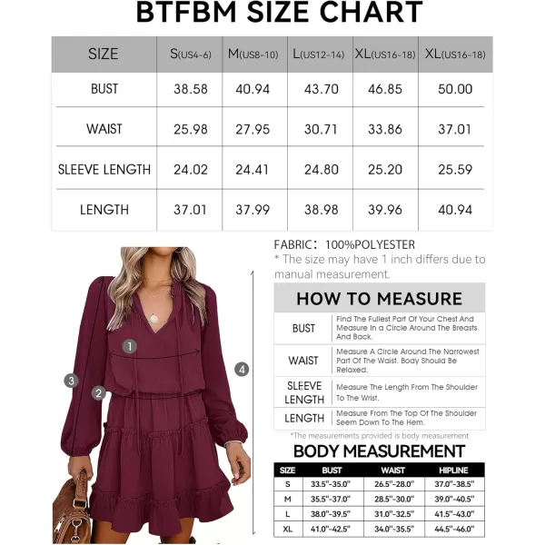 BTFBM Women Casual Summer Fall Dresses Tie V Neck Long Sleeve High Waist Ruffle Tiered A Line Swing Tunic Mini DressDot Wine Red