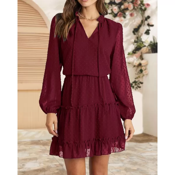 BTFBM Women Casual Summer Fall Dresses Tie V Neck Long Sleeve High Waist Ruffle Tiered A Line Swing Tunic Mini DressDot Wine Red