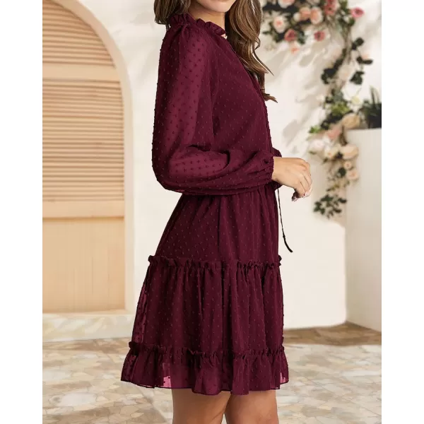BTFBM Women Casual Summer Fall Dresses Tie V Neck Long Sleeve High Waist Ruffle Tiered A Line Swing Tunic Mini DressDot Wine Red