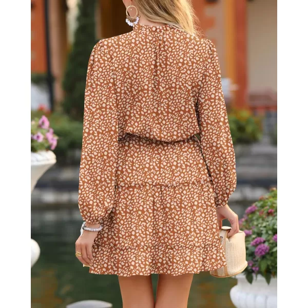 BTFBM Women Casual Summer Fall Dresses Tie V Neck Long Sleeve High Waist Ruffle Tiered A Line Swing Tunic Mini DressLeopard Coffee