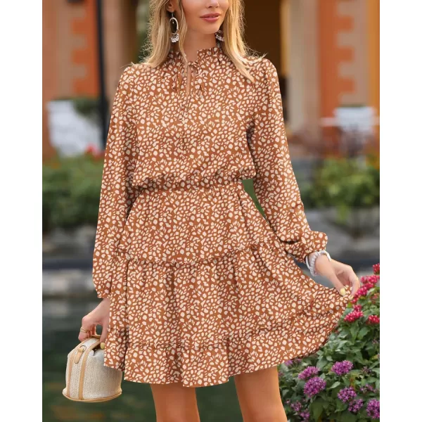 BTFBM Women Casual Summer Fall Dresses Tie V Neck Long Sleeve High Waist Ruffle Tiered A Line Swing Tunic Mini DressLeopard Coffee