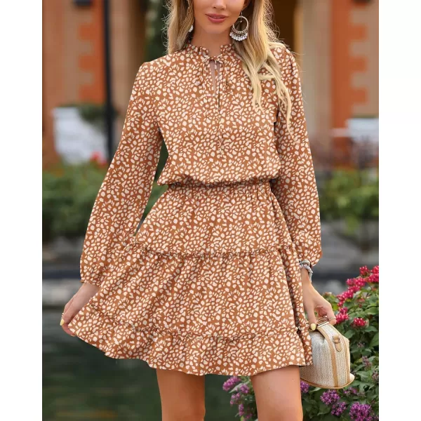 BTFBM Women Casual Summer Fall Dresses Tie V Neck Long Sleeve High Waist Ruffle Tiered A Line Swing Tunic Mini DressLeopard Coffee