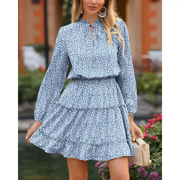BTFBM Women Casual Summer Fall Dresses Tie V Neck Long Sleeve High Waist Ruffle Tiered A Line Swing Tunic Mini DressLeopard Light Blue
