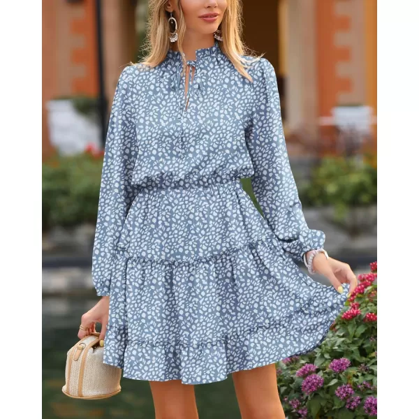 BTFBM Women Casual Summer Fall Dresses Tie V Neck Long Sleeve High Waist Ruffle Tiered A Line Swing Tunic Mini DressLeopard Light Blue
