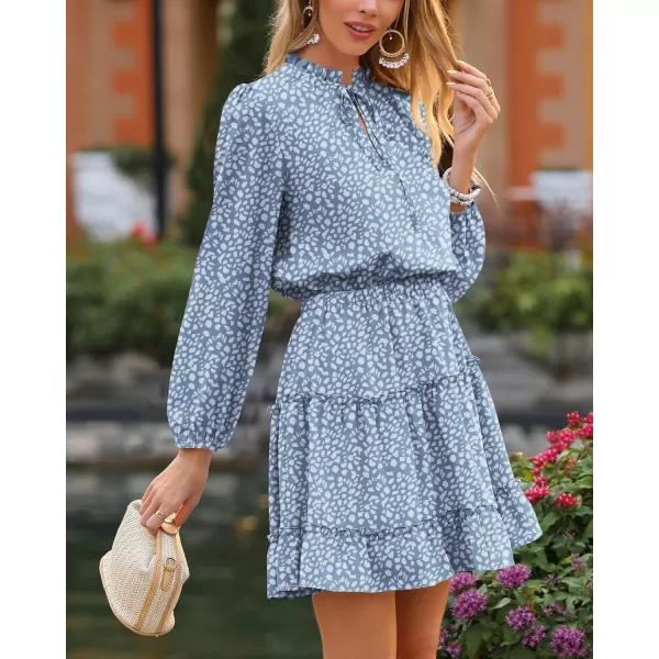 BTFBM Women Casual Summer Fall Dresses Tie V Neck Long Sleeve High Waist Ruffle Tiered A Line Swing Tunic Mini DressLeopard Light Blue