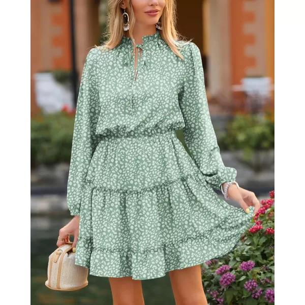 BTFBM Women Casual Summer Fall Dresses Tie V Neck Long Sleeve High Waist Ruffle Tiered A Line Swing Tunic Mini DressLeopard Light Green