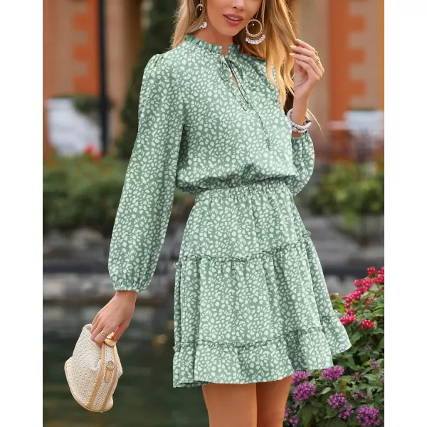 BTFBM Women Casual Summer Fall Dresses Tie V Neck Long Sleeve High Waist Ruffle Tiered A Line Swing Tunic Mini DressLeopard Light Green