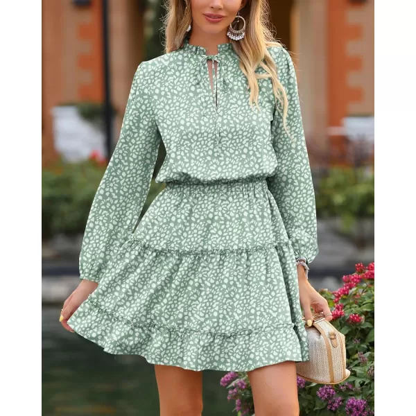 BTFBM Women Casual Summer Fall Dresses Tie V Neck Long Sleeve High Waist Ruffle Tiered A Line Swing Tunic Mini DressLeopard Light Green