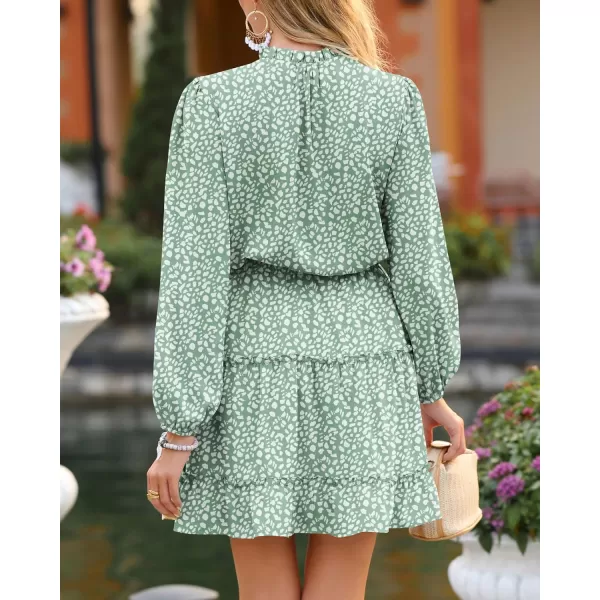 BTFBM Women Casual Summer Fall Dresses Tie V Neck Long Sleeve High Waist Ruffle Tiered A Line Swing Tunic Mini DressLeopard Light Green