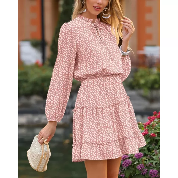 BTFBM Women Casual Summer Fall Dresses Tie V Neck Long Sleeve High Waist Ruffle Tiered A Line Swing Tunic Mini DressLeopard Pink