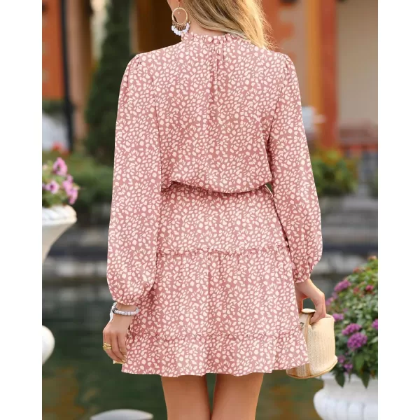 BTFBM Women Casual Summer Fall Dresses Tie V Neck Long Sleeve High Waist Ruffle Tiered A Line Swing Tunic Mini DressLeopard Pink