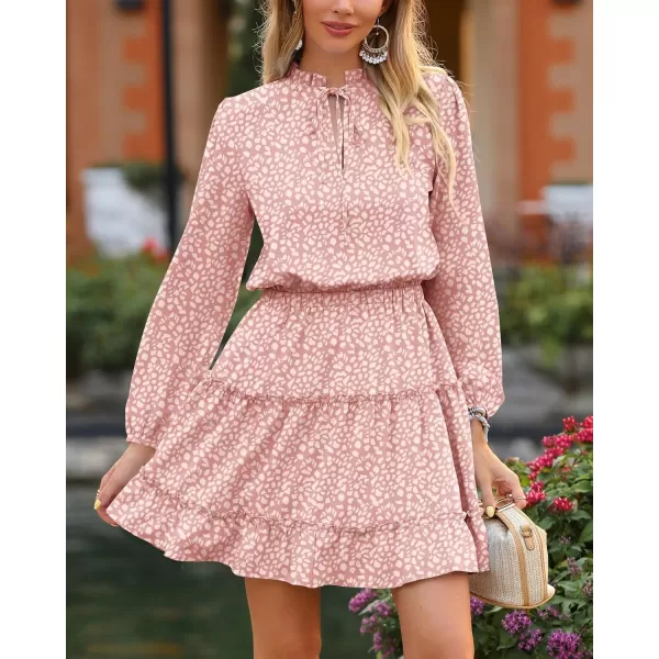 BTFBM Women Casual Summer Fall Dresses Tie V Neck Long Sleeve High Waist Ruffle Tiered A Line Swing Tunic Mini DressLeopard Pink