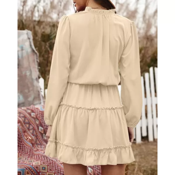 BTFBM Women Casual Summer Fall Dresses Tie V Neck Long Sleeve High Waist Ruffle Tiered A Line Swing Tunic Mini DressLong Sleeve Apricot