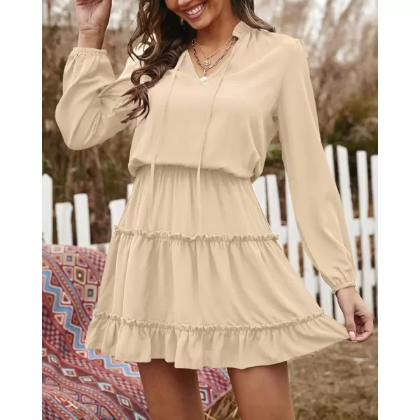 BTFBM Women Casual Summer Fall Dresses Tie V Neck Long Sleeve High Waist Ruffle Tiered A Line Swing Tunic Mini DressLong Sleeve Apricot