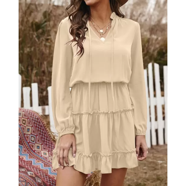 BTFBM Women Casual Summer Fall Dresses Tie V Neck Long Sleeve High Waist Ruffle Tiered A Line Swing Tunic Mini DressLong Sleeve Apricot