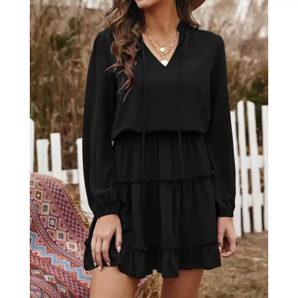 BTFBM Women Casual Summer Fall Dresses Tie V Neck Long Sleeve High Waist Ruffle Tiered A Line Swing Tunic Mini DressLong Sleeve Black