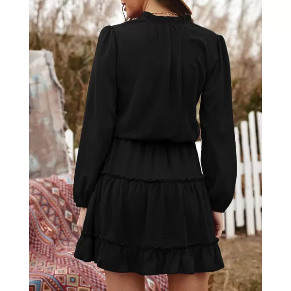 BTFBM Women Casual Summer Fall Dresses Tie V Neck Long Sleeve High Waist Ruffle Tiered A Line Swing Tunic Mini DressLong Sleeve Black