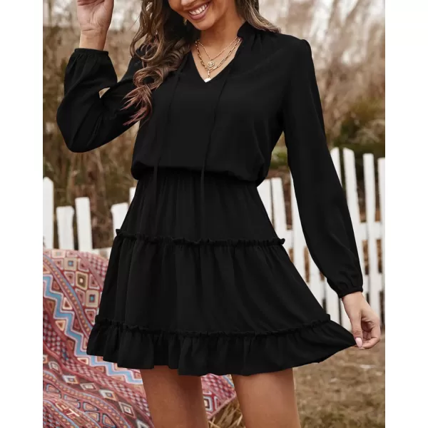 BTFBM Women Casual Summer Fall Dresses Tie V Neck Long Sleeve High Waist Ruffle Tiered A Line Swing Tunic Mini DressLong Sleeve Black