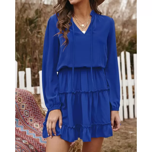 BTFBM Women Casual Summer Fall Dresses Tie V Neck Long Sleeve High Waist Ruffle Tiered A Line Swing Tunic Mini DressLong Sleeve Bright Blue