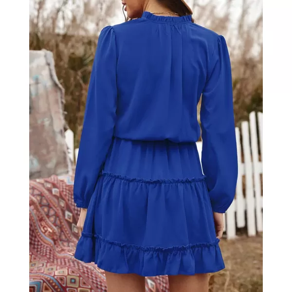 BTFBM Women Casual Summer Fall Dresses Tie V Neck Long Sleeve High Waist Ruffle Tiered A Line Swing Tunic Mini DressLong Sleeve Bright Blue
