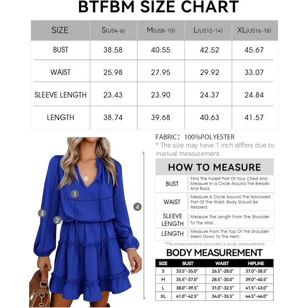 BTFBM Women Casual Summer Fall Dresses Tie V Neck Long Sleeve High Waist Ruffle Tiered A Line Swing Tunic Mini DressLong Sleeve Bright Blue