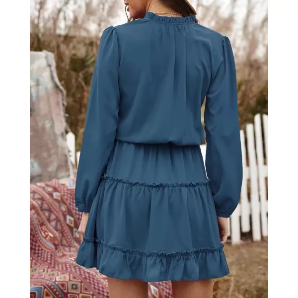 BTFBM Women Casual Summer Fall Dresses Tie V Neck Long Sleeve High Waist Ruffle Tiered A Line Swing Tunic Mini DressLong Sleeve Dark Blue