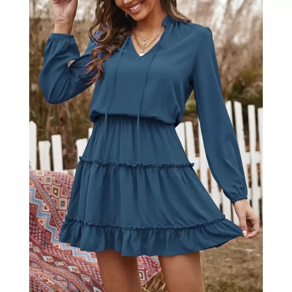 BTFBM Women Casual Summer Fall Dresses Tie V Neck Long Sleeve High Waist Ruffle Tiered A Line Swing Tunic Mini DressLong Sleeve Dark Blue