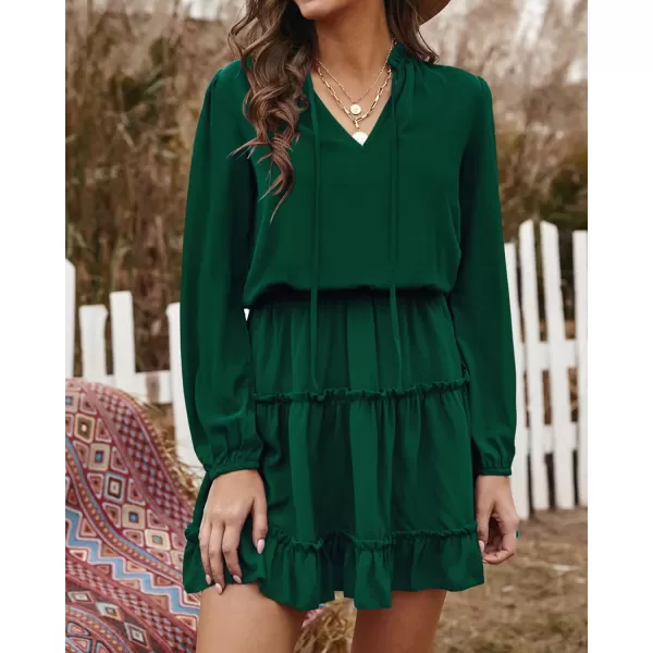 BTFBM Women Casual Summer Fall Dresses Tie V Neck Long Sleeve High Waist Ruffle Tiered A Line Swing Tunic Mini DressLong Sleeve Dark Green
