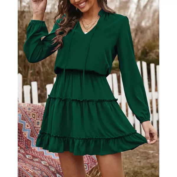 BTFBM Women Casual Summer Fall Dresses Tie V Neck Long Sleeve High Waist Ruffle Tiered A Line Swing Tunic Mini DressLong Sleeve Dark Green