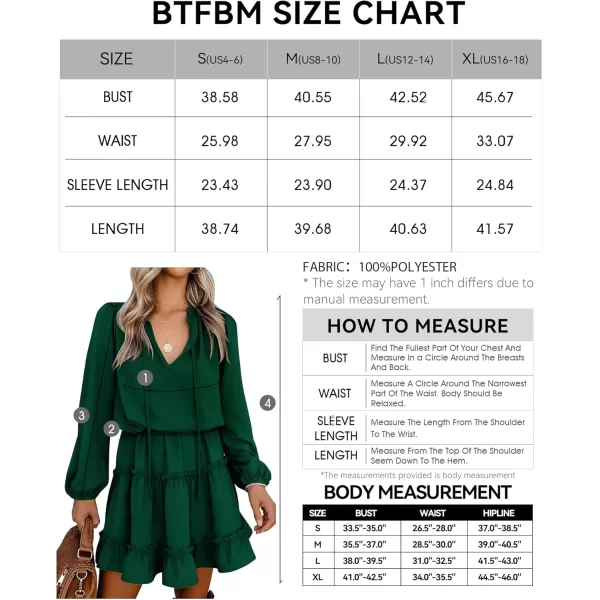 BTFBM Women Casual Summer Fall Dresses Tie V Neck Long Sleeve High Waist Ruffle Tiered A Line Swing Tunic Mini DressLong Sleeve Dark Green
