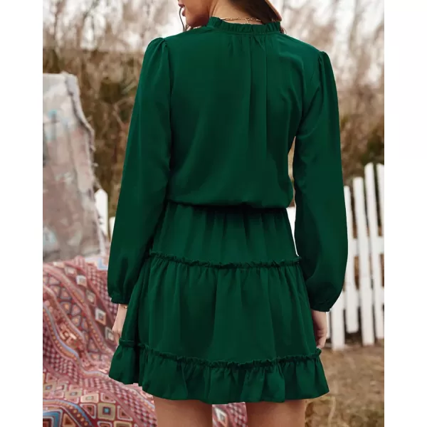 BTFBM Women Casual Summer Fall Dresses Tie V Neck Long Sleeve High Waist Ruffle Tiered A Line Swing Tunic Mini DressLong Sleeve Dark Green
