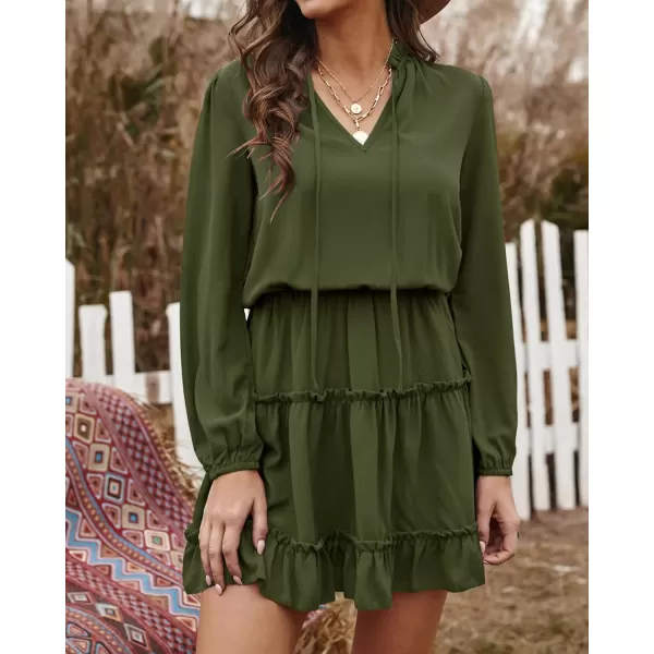 BTFBM Women Casual Summer Fall Dresses Tie V Neck Long Sleeve High Waist Ruffle Tiered A Line Swing Tunic Mini DressLong Sleeve Green