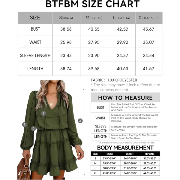 BTFBM Women Casual Summer Fall Dresses Tie V Neck Long Sleeve High Waist Ruffle Tiered A Line Swing Tunic Mini DressLong Sleeve Green