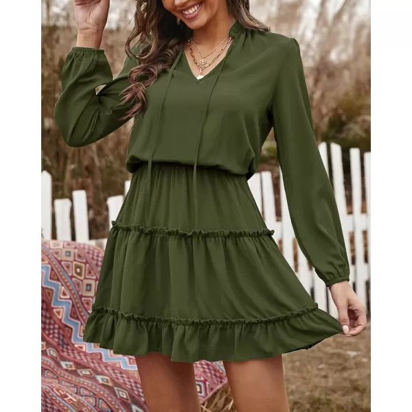 BTFBM Women Casual Summer Fall Dresses Tie V Neck Long Sleeve High Waist Ruffle Tiered A Line Swing Tunic Mini DressLong Sleeve Green