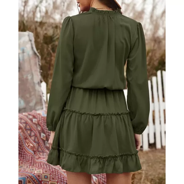 BTFBM Women Casual Summer Fall Dresses Tie V Neck Long Sleeve High Waist Ruffle Tiered A Line Swing Tunic Mini DressLong Sleeve Green