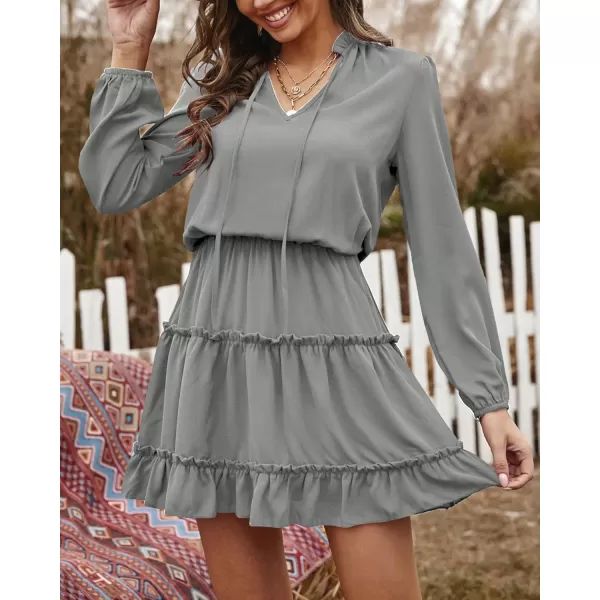 BTFBM Women Casual Summer Fall Dresses Tie V Neck Long Sleeve High Waist Ruffle Tiered A Line Swing Tunic Mini DressLong Sleeve Grey