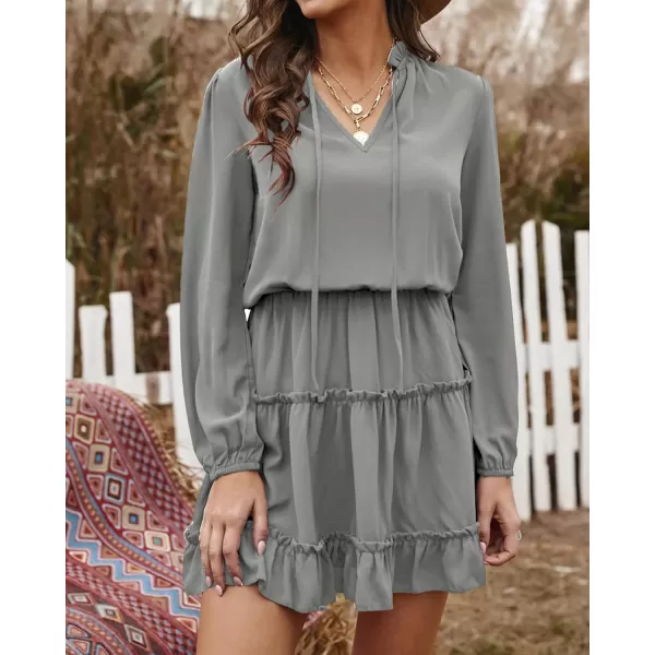 BTFBM Women Casual Summer Fall Dresses Tie V Neck Long Sleeve High Waist Ruffle Tiered A Line Swing Tunic Mini DressLong Sleeve Grey