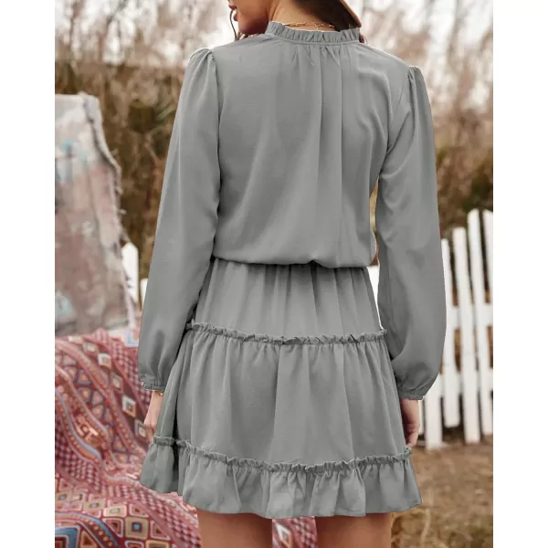 BTFBM Women Casual Summer Fall Dresses Tie V Neck Long Sleeve High Waist Ruffle Tiered A Line Swing Tunic Mini DressLong Sleeve Grey