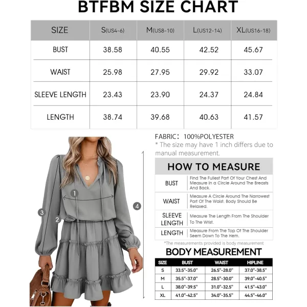 BTFBM Women Casual Summer Fall Dresses Tie V Neck Long Sleeve High Waist Ruffle Tiered A Line Swing Tunic Mini DressLong Sleeve Grey