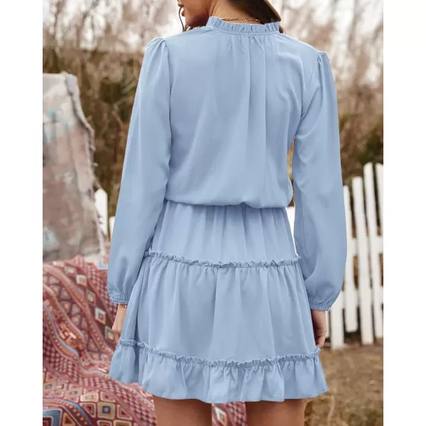 BTFBM Women Casual Summer Fall Dresses Tie V Neck Long Sleeve High Waist Ruffle Tiered A Line Swing Tunic Mini DressLong Sleeve Light Blue